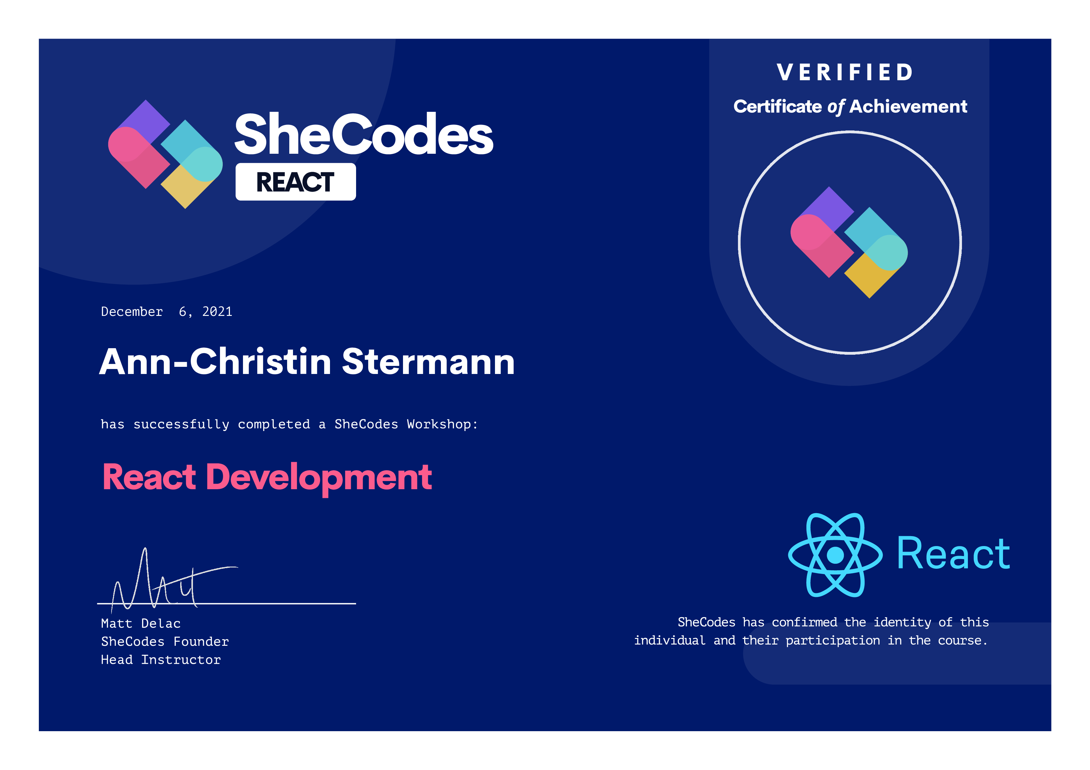 certificate for react workshop